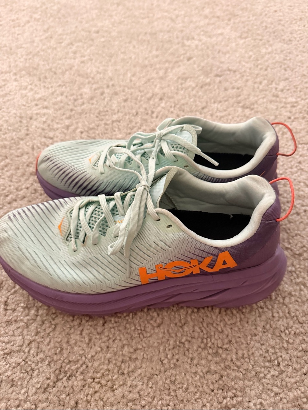 Hoka Mint Green and Purple Women's Running Shoes with Orange Logo